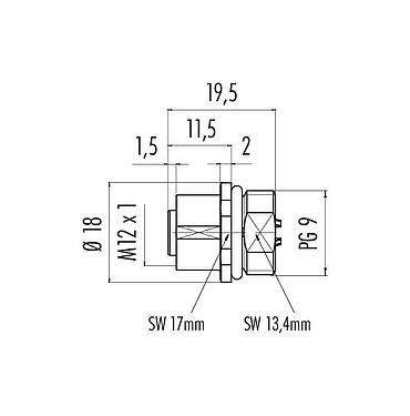 Dessin coté M12 Embase femelle, Contacts: 5, non blindé, souder, IP68, UL 2238, PG 9, Montage frontal