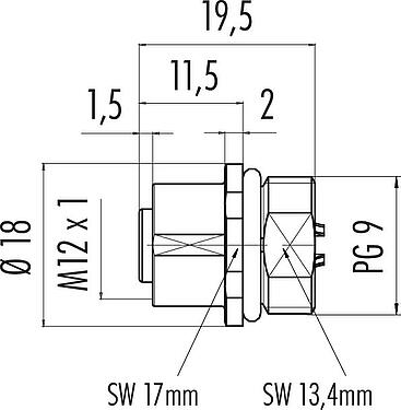 Dibujo a escala M12 Toma de brida, Número de contactos: 5, sin blindaje, soldadura, IP68, UL 2238, PG 9, Montaje frontal