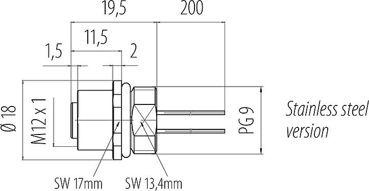 Dibujo a escala M12 Toma de brida, Número de contactos: 5, sin blindaje, hilos, IP68, PG 9, Montaje frontal, Acero inoxidable, moldeado