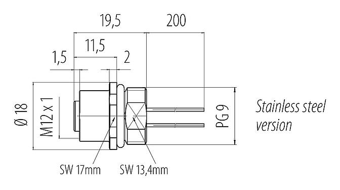 Dessin coté M12 Embase femelle, Contacts: 5, non blindé, fils, IP68, PG 9, Montage frontal, Acier inoxydable, coulé