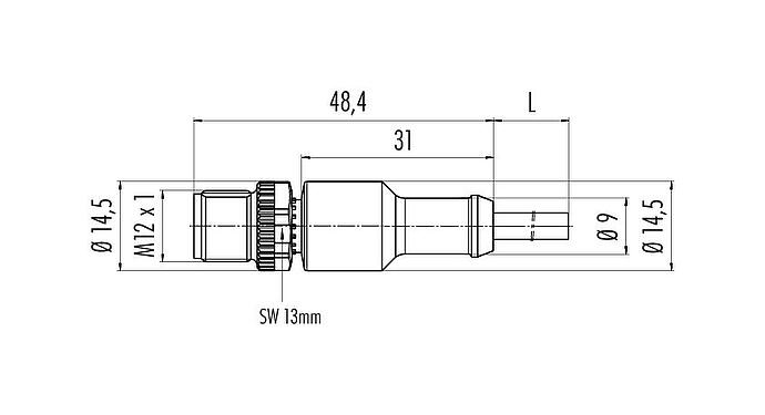 Scale drawing M12 Male cable connector, Contacts: 5, unshielded, moulded on the cable, IP68/IP69K, UL 2238, PVC, grey, 5 x 0.34 mm², 5 m