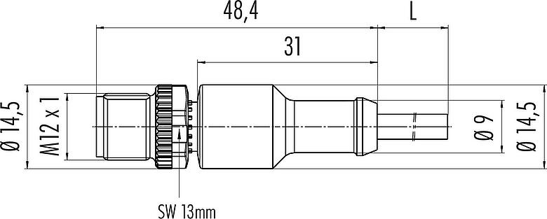Dibujo a escala M12 Conector de cable macho, Número de contactos: 3, sin blindaje, moldeado en el cable, IP68/IP69K, UL 2238, PVC, gris, 3 x 0,34 mm², 2 m