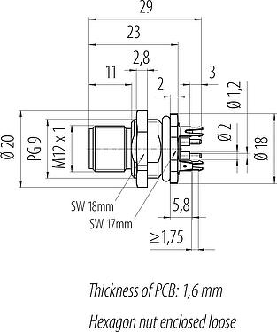Dibujo a escala M12 Enchufe de brida, Número de contactos: 4, blindado, THT, IP68, UL 2238, PG 9, Montaje en pared, moldeado