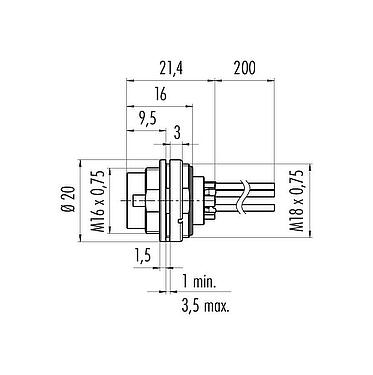 Dibujo a escala M16 Enchufe de brida, Número de contactos: 4 (04-a), sin blindaje, hilos, IP40, M18x0,75, Montaje frontal