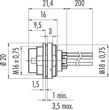 Dessin coté M16 Embase mâle, Contacts: 6 (06-a), non blindé, fils, IP40, M18x0,75, Montage frontal