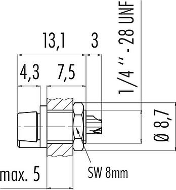 Dibujo a escala Snap-In Toma de brida, Número de contactos: 4, sin blindaje, soldadura, IP40, 1/4" 28 UNF, Montaje frontal