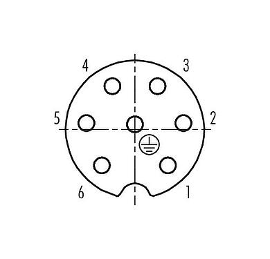 Disposition des contacts (Côté plug-in) RD24 Connecteur femelle coudé, Contacts: 6+PE, 8,0-10,0 mm, non blindé, sertir (Les contacts à sertir doivent être commandés séparément), IP67, UL, ESTI+, VDE, PG 11