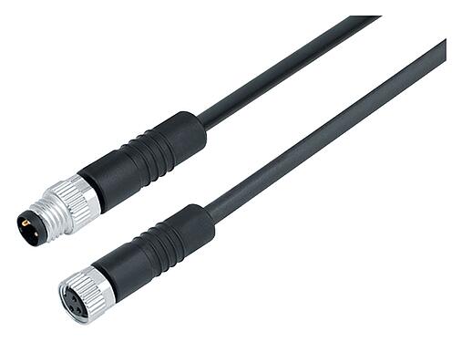 Illustration M8 Connecting cable male cable connector - female cable connector, Contacts: 3, unshielded, moulded on the cable, IP67/IP69K, UL 2238, PUR, black, 3 x 0.34 mm², 0.6 m