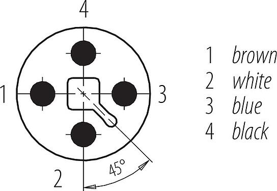 Disposición de los contactos (lado de la conexión) M12 Conector macho en ángulo, Número de contactos: 4, sin blindaje, moldeado en el cable, IP68, UL, PUR, negro, 4 x 1,50 mm², 2 m