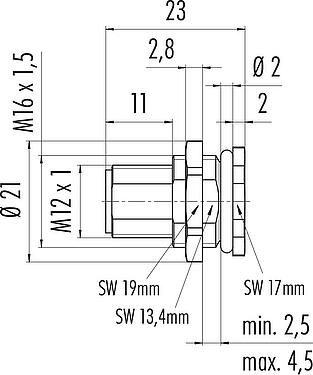Dessin coté M12 Embase mâle, Contacts: 5, non blindé, souder, IP68, UL 2238, M16x1,5, Montage mural arrière