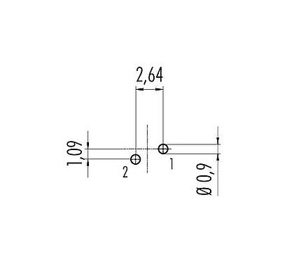 Conductor layout M9 Male panel mount connector, Contacts: 2, unshielded, THT, IP40, M9x0,5, Rear mounting