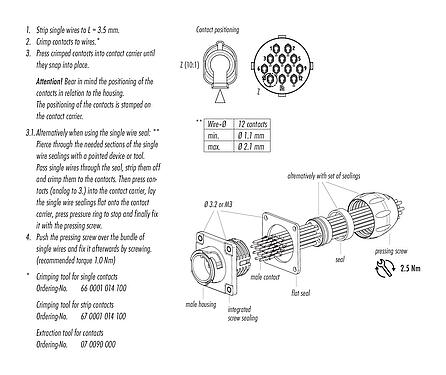 Instrucción de montaje Bayoneta Enchufe de brida, Número de contactos: 12, sin blindaje, crimpado (los contactos de crimpado deben pedirse por separado), IP68/IP69K, UL 2238, VDE, Montaje frontal, UV-Beständig