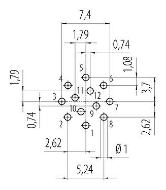 Conductor layout Snap-In Female panel mount connector, Contacts: 12, unshielded, THT, IP67, VDE, M12x1.0, Front mounting