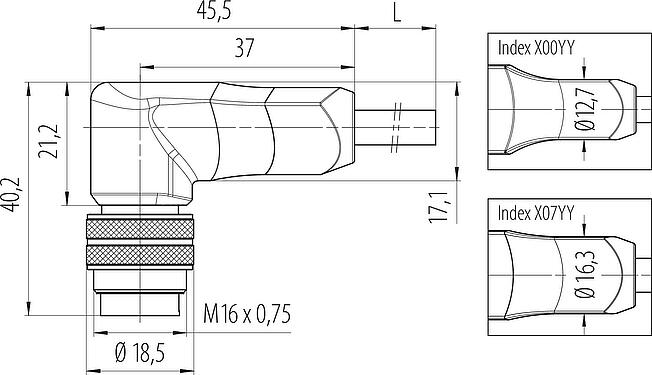 Scale drawing M16 Male angled connector, Contacts: 7 (07-b), shielded, moulded on the cable, IP67, PUR, black, 7 x 0.25 mm², 5 m