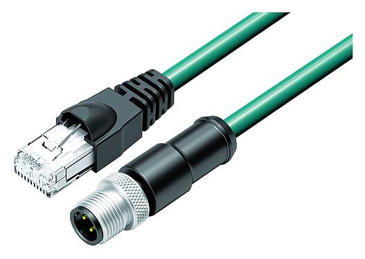 Illustration M12/RJ45 Connecting cable male cable connector - RJ45 connector, Contacts: 4, shielded, molded/crimp, IP67, Ethernet CAT5e, TPE, teal, 2 x 2 x AWG 24, 0.3 m
