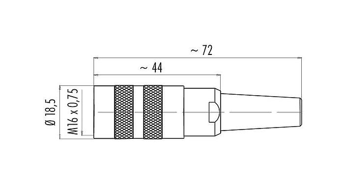 Scale drawing M16 Female cable connector, Contacts: 5 (05-a), 6.0-8.0 mm, shieldable, solder, IP40