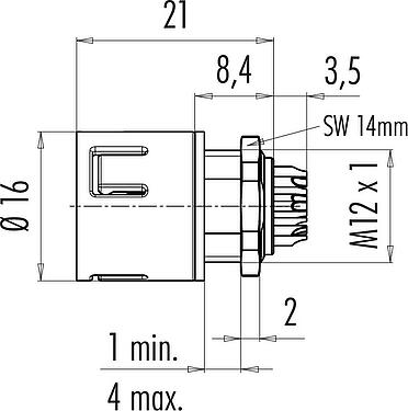 Scale drawing Snap-In Male panel mount connector, Contacts: 3, unshielded, solder, IP67, UL 2238, VDE, M12x1.0, Front mounting