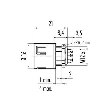Scale drawing Snap-In Male panel mount connector, Contacts: 8, unshielded, solder, IP67, UL 2238, VDE, M12x1.0, Front mounting