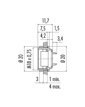 Dibujo a escala M16 Toma de brida, Número de contactos: 14 (14-b), sin blindaje, soldadura, IP67, UL 2238, M18x0,75, Montaje en pared