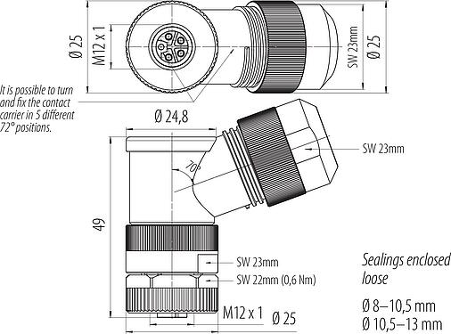 Dibujo a escala M12 Conector hembra en ángulo, Número de contactos: 4+FE, 8,0-13,0 mm, sin blindaje, tornillo extraíble, IP67, M12x1,0, para la fuente de alimentación (potencia), UL 2237 en preparación, con conexión de PE