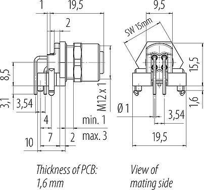 Dibujo a escala M12 Toma de brida, Número de contactos: 4, sin blindaje, THR, IP67, UL 2238, M12x1,0, Montaje en pared, diseño de dos partes