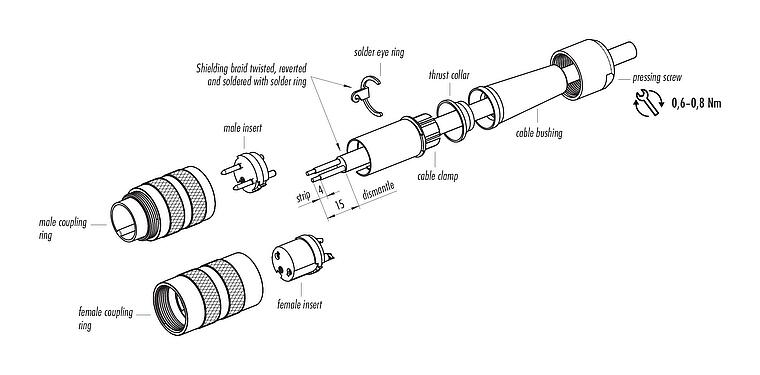 Assembly instructions M16 Male cable connector, Contacts: 3 (03-a), 4.0-6.0 mm, shieldable, solder, IP40