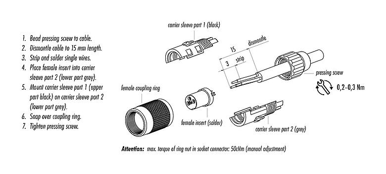 Assembly instructions M9 Female cable connector, Contacts: 8, 4.0-5.0 mm, unshielded, solder, IP40