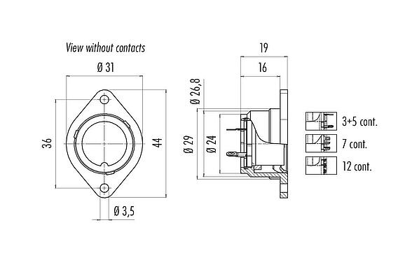 Scale drawing Bayonet Female panel mount connector, Contacts: 3, unshielded, solder, IP40, Front mounting