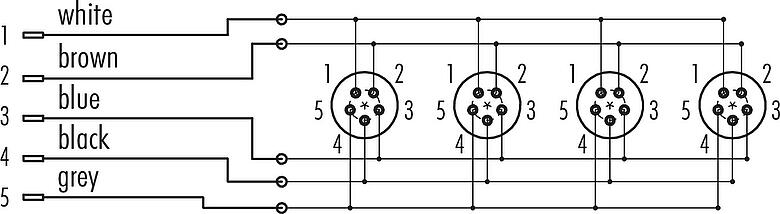 Pin assignment plans Snap-In 4-way distributor, Contacts: 5, unshielded, pluggable, IP67