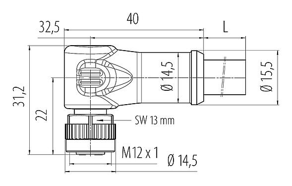Dibujo a escala M12 Conector hembra en ángulo, Número de contactos: 4, sin blindaje, moldeado en el cable, IP68, UL, PUR, negro, 4 x 1,50 mm², 2 m