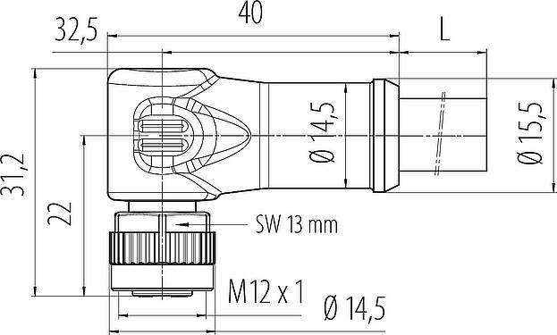 Dibujo a escala M12 Conector hembra en ángulo, Número de contactos: 4, sin blindaje, moldeado en el cable, IP68, UL, PUR, negro, 4 x 1,50 mm², 2 m