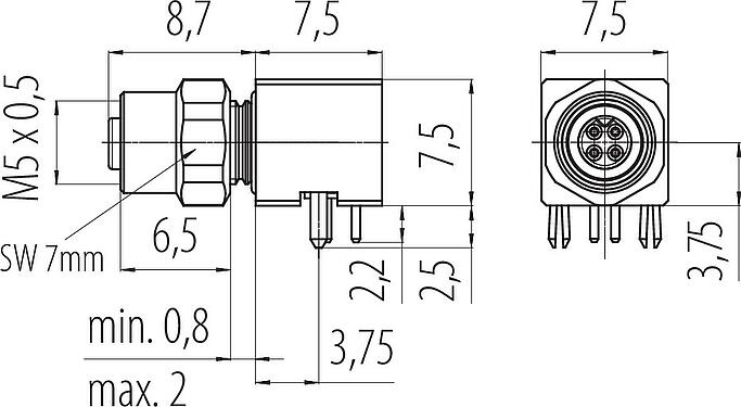Dibujo a escala M5 Toma de ángulo brida, Número de contactos: 4, blindable, soldadura, IP68, UL 2238, Montaje en pared, moldeado