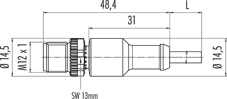 Dessin coté M12 Connecteur mâle, Contacts: 4, non blindé, surmoulé sur le câble, IP68/IP69K, UL 2238, PUR, orange, 4 x 0,34 mm², pour les applications de soudage, 2 m
