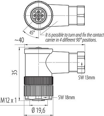 Scale drawing M12 Female angled connector, Contacts: 4, 4.0-6.0 mm, unshielded, screw clamp, IP67, UL 2238
