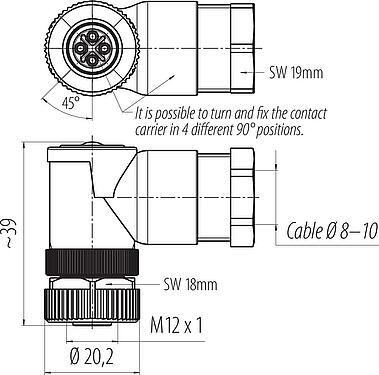 Dessin coté M12 Connecteur femelle coudé, Contacts: 3+PE, 8,0-10,0 mm, non blindé, pince à visser, IP67, UL 2238, VDE