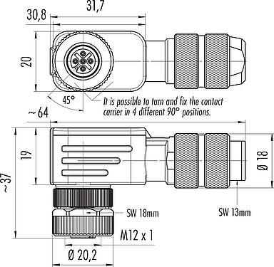 Scale drawing M12 Female angled connector, Contacts: 5, 5.0-8.0 mm, shieldable, screw clamp, IP67, UL 2238