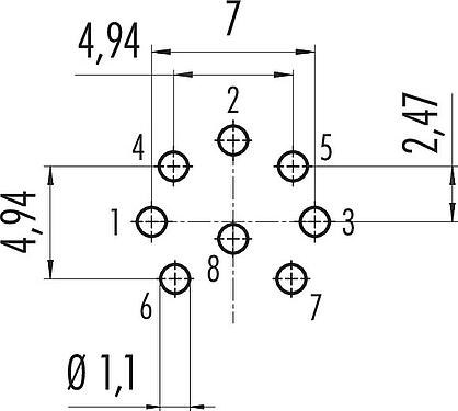 Conductor layout M16 Female panel mount connector, Contacts: 8 (08-a), unshielded, THT, IP40, M18x0,75, Rear mounting