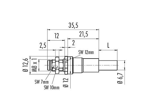 Dibujo a escala M8 Enchufe de brida, Número de contactos: 4, blindado, con cables ensamblado, IP67, M8x1,0, Ethernet, PUR, verde, 4 x AWG 22, Montaje en pared, moldeado, 0,5 m