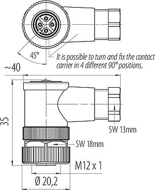 Dibujo a escala M12 Conector hembra en ángulo, Número de contactos: 4, 4,0-6,0 mm, sin blindaje, tornillo extraíble, IP67, UL 2238