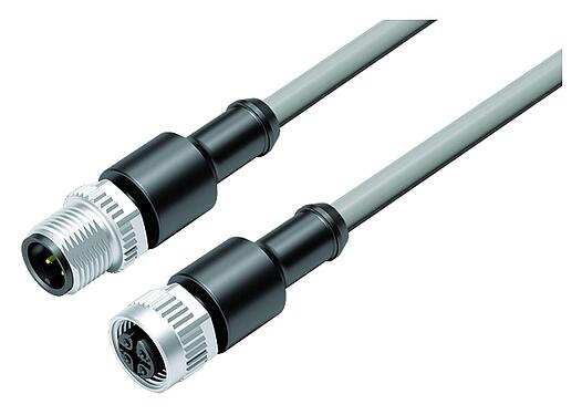 Illustration M12 Connecting cable male cable connector - female cable connector, Contacts: 4, unshielded, moulded on the cable, IP67/IP69K, UL 2238, PVC, grey, 4 x 0.34 mm², 1 m