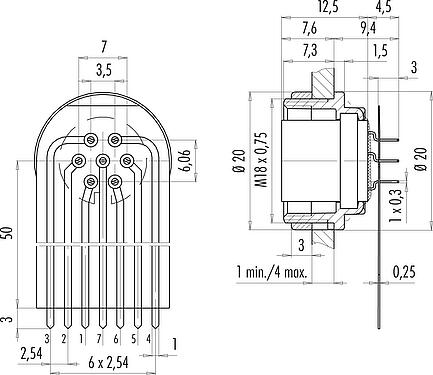 Connection & dimensions M16 Female panel mount connector, Contacts: 7 (07-a), unshielded, THT, IP40, M18x0,75, Rear mounting