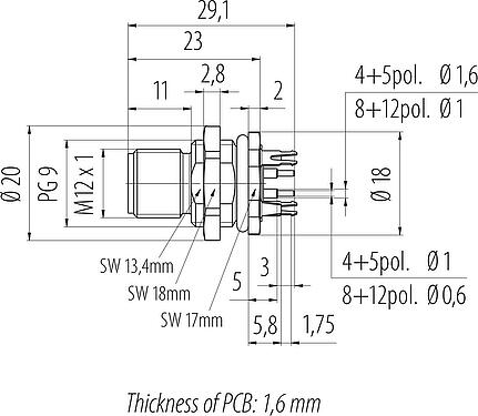 Dessin coté M12 Embase mâle, Contacts: 4, blindable, THT, IP68, UL 2238, PG 9, Montage mural arrière, coulé