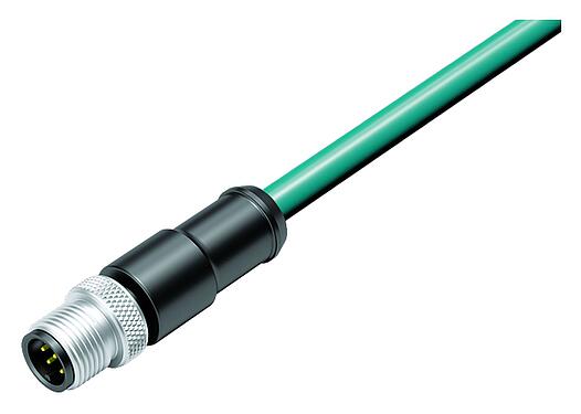 Illustration M12 Male cable connector, Contacts: 8, shielded, moulded on the cable, IP67, Ethernet CAT5e, TPE, teal, 4 x 2 x AWG 24, 10 m