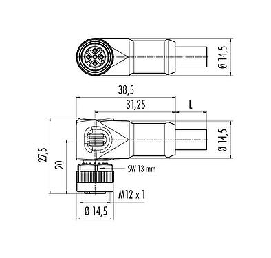 Scale drawing M12 Female angled connector, Contacts: 5, shielded, moulded on the cable, IP68, UL 2238, CAN-Bus, PUR, violet, 1 x 2 x AWG 22 + 1 x 2 x AWG 24, 2 m