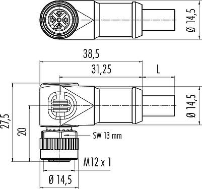 Dessin coté M12 Connecteur femelle coudé, Contacts: 5, blindé, surmoulé sur le câble, IP68, UL 2238, CAN-Bus, PUR, violet, 1 x 2 x AWG 22 + 1 x 2 x AWG 24, 2 m