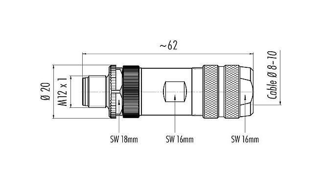 Scale drawing M12 Male cable connector, Contacts: 8, 8.0-10.0 mm, shieldable, screw clamp, IP67, UL 2238, with shielding ring