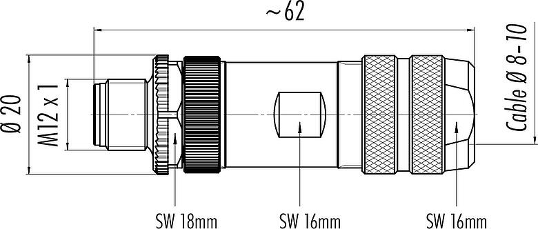 Scale drawing M12 Male cable connector, Contacts: 12, 8.0-10.0 mm, shieldable, solder, IP67, UL 2238, with shielding ring