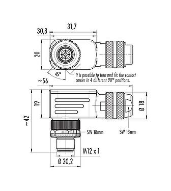 Dibujo a escala M12 Conector macho en ángulo, Número de contactos: 4, 4,0-6,0 mm, blindable, abrazadera de alambre, IP67, con anillo de protección