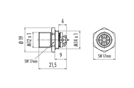 Dibujo a escala M12 Enchufe de brida, Número de contactos: 4, blindable, SMT, IP67, M12x1,0, Montaje frontal