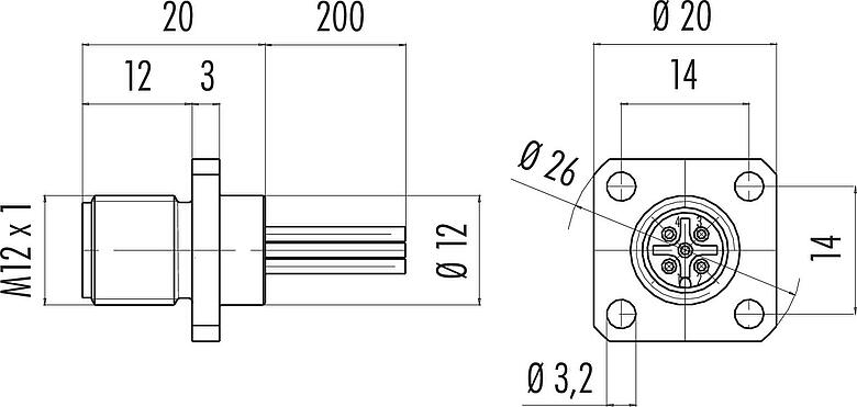 Dessin coté M12 Embase mâle, carré, Contacts: 8, non blindé, fils, IP40, UL 2238, M3 (4x), Montage frontal, coulé